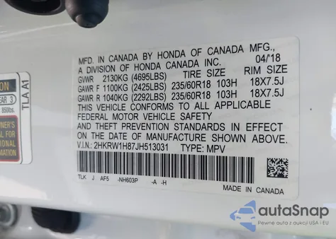 2018 Honda Cr-V Ex-L/Ex-L Navi z USA, uszkodzony, nr VIN 2HKRW1H87JH513031